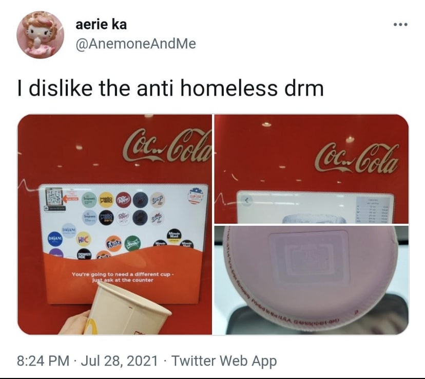 Someone complains on the usage of DRM to prevent people re-filling using anything other than cups from recently purchased meal.