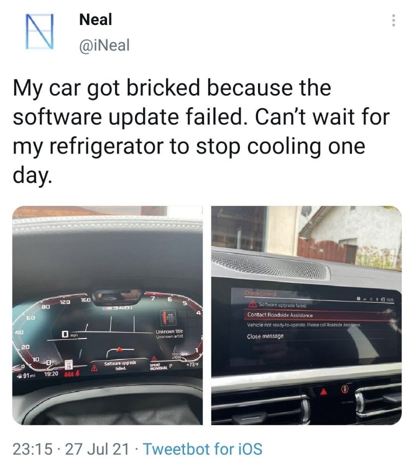 A user complains on twitter that their car got bricked due to a failed software update.
