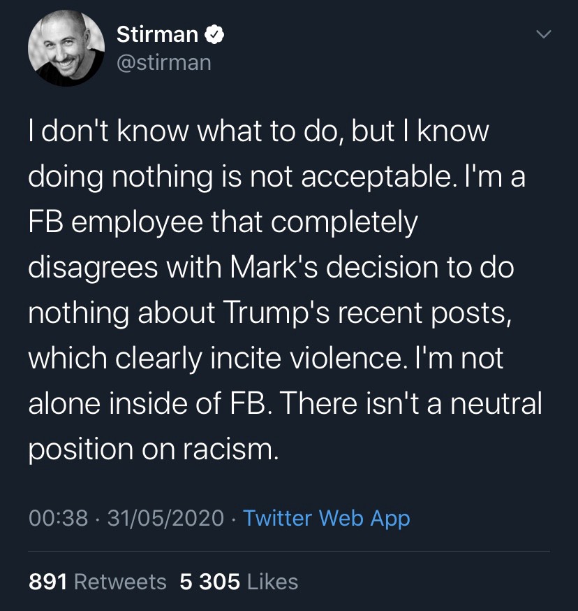 A Tweet by Jason Stirman, product R&D at Facebook stating "I'm a Facebook employee that completely disagrees with Mark's decision to do nothing about Trump's recent posts, which clearly incite violence".