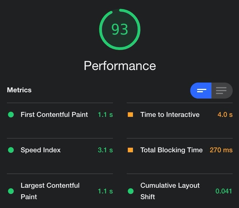 A screenshot of Chrome's Lighthouse performance tool for the Gridsome version.