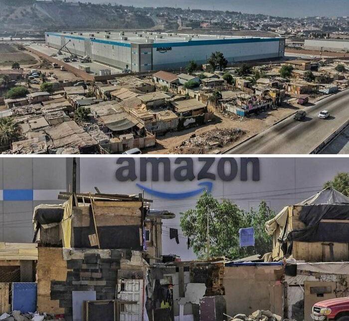 An slum in Tijuana, Mexico, superimposed on a massive Amazon warehouse.