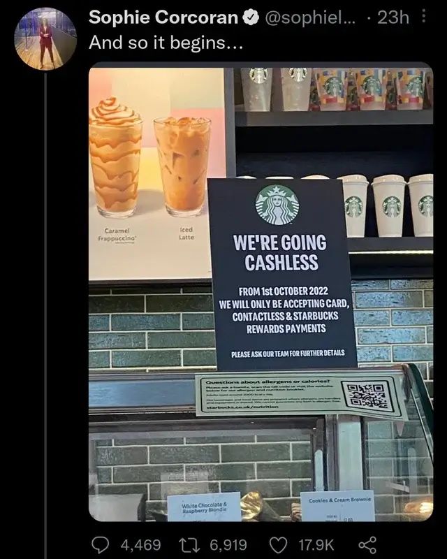 A notice on a Starbucks warning customers that from October onwards, cash will no longer be accepted as a form of payment.