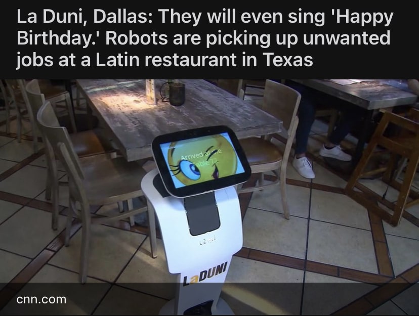 A news headline stating robots are picking up unwanted jobs in a Texas restaurant.