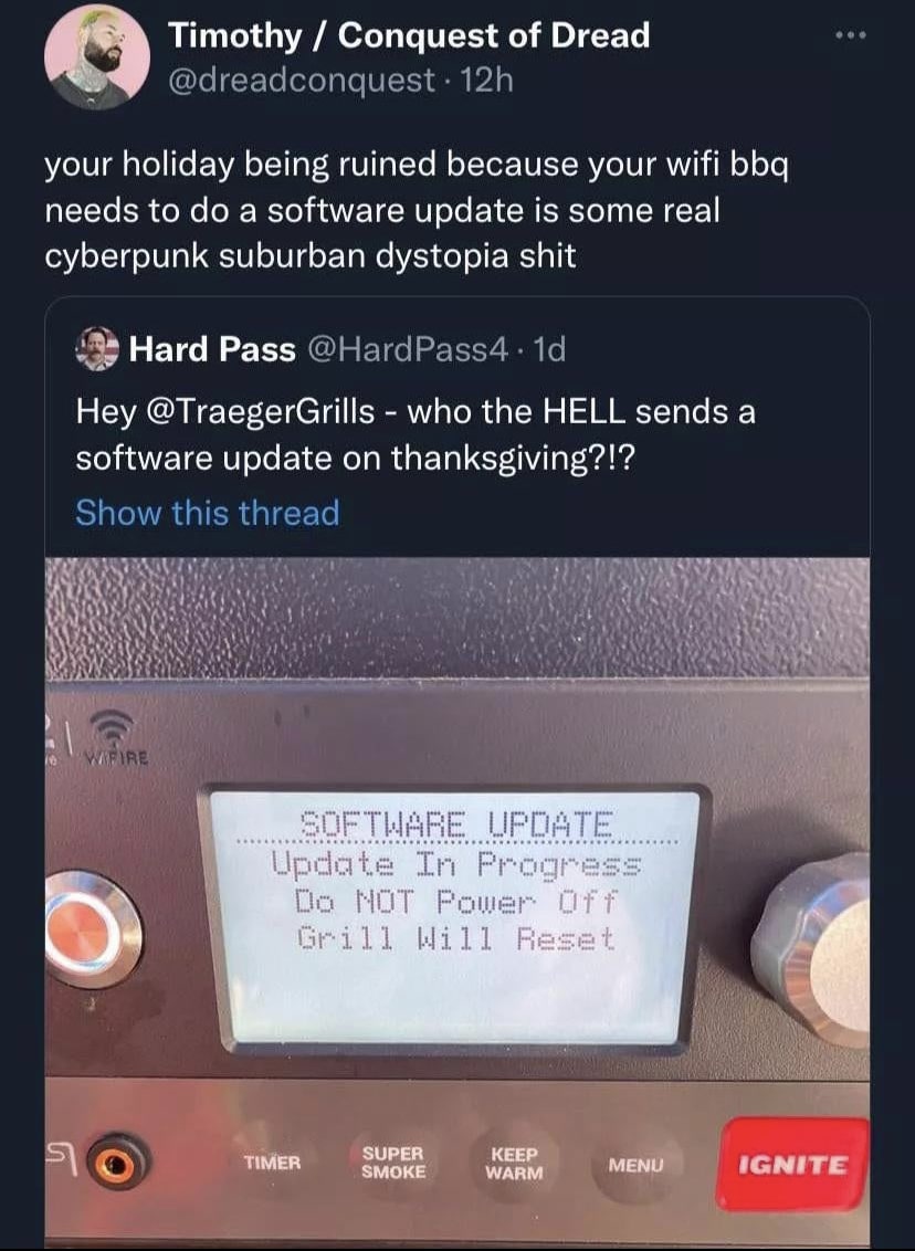 Someone complaining that their smart oven is updating during Thanksgiving.