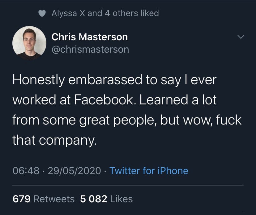 A tweet by Chris Masterson, ex Product Designer at Facebook/Instagram, stating "Honestly embarrassed to so say I ever worked at Facebook".