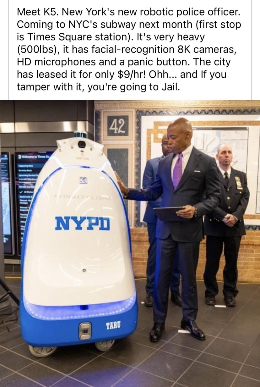 An egg shaped wheeled robot that will act as New York's NYC subway police officer.