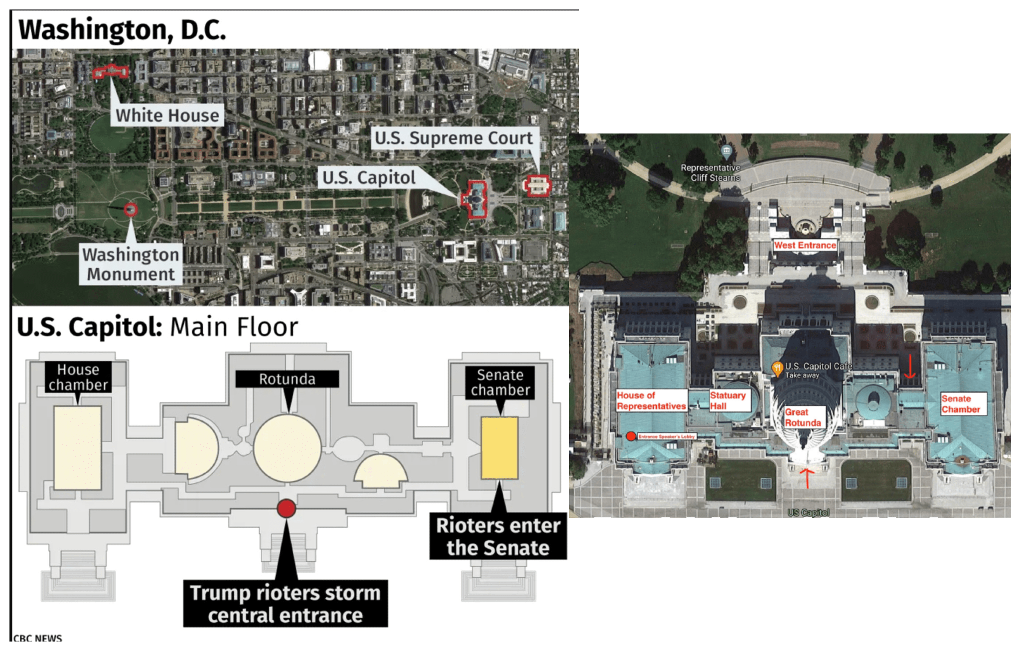 A set of google maps screenshots with landmark references and a map of the U.S. Capitol